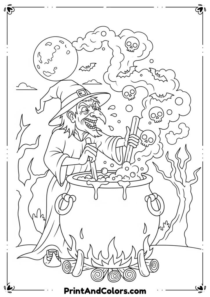Witch stirring a bubbling cauldron with spooky smoke rising, outlined in line art for coloring.