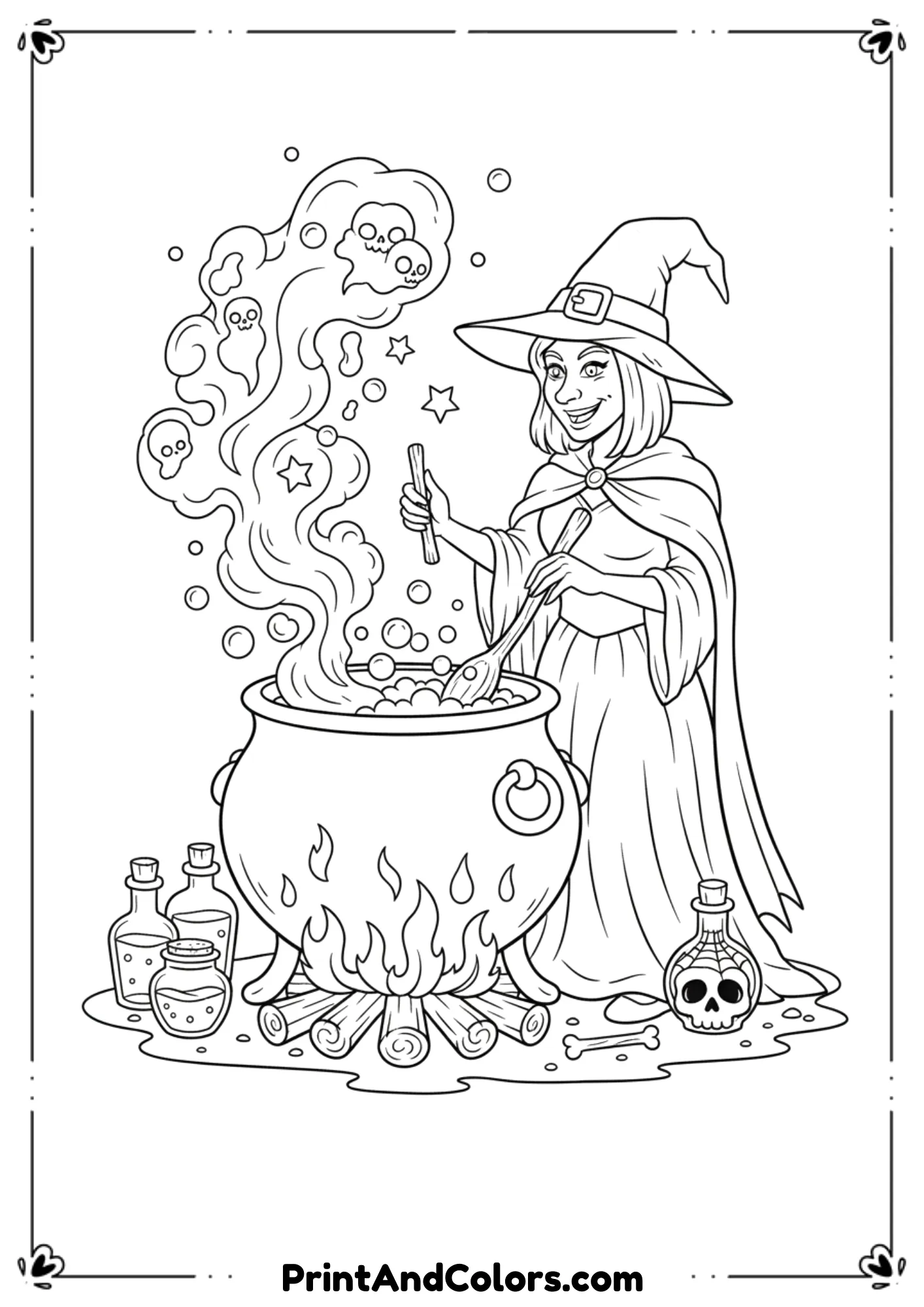 Witch stirring a bubbling cauldron with spooky smoke rising, outlined in line art for coloring.
