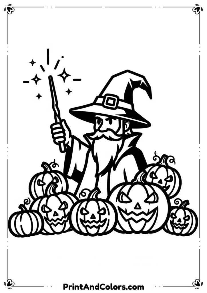 Wizard with hat, wand, and magical sparkles with Halloween pumpkins, outlined in line art.