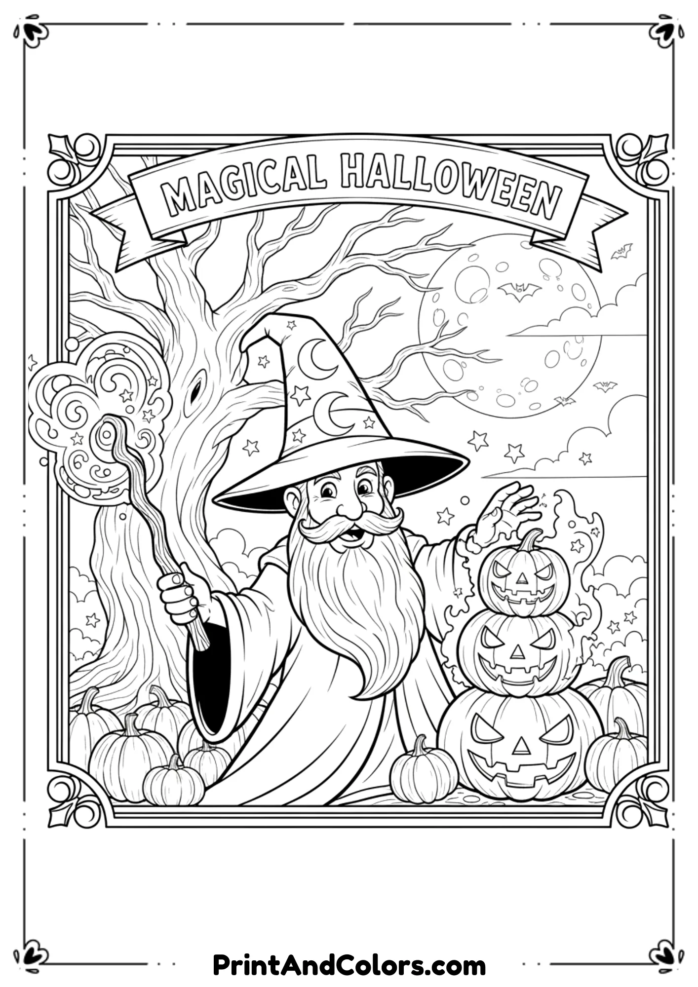  Wizard with hat, wand, and magical sparkles with Halloween pumpkins, outlined in line art.
