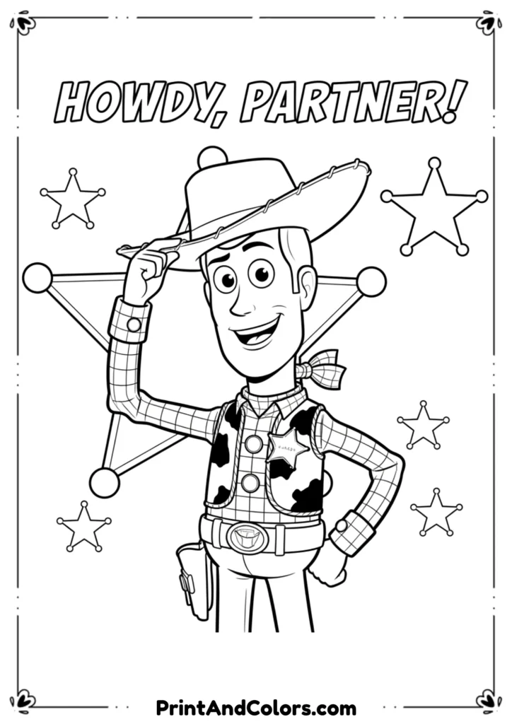 Woody tipping his cowboy hat, big smile, stars and sheriff badge in the background, simple outline for children