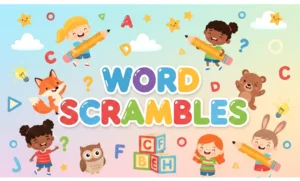 A bright, colorful cartoon-style illustration for a kids puzzle website. In the center, show BIG BOLD playful text reading “WORD SCRAMBLES” with chunky, rounded letters. Surround the text with smiling cartoon children, cute animals, pencils, letters, and scattered alphabet blocks. Floating scrambled letters like A, B, C, D appear around the scene, with question marks and lightbulbs to suggest thinking and learning. The background is soft pastel with clouds, stars, and simple shapes. Friendly, fun, educational vibe, flat vector illustration, clean lines, no realism, perfect for a children’s printable puzzle or coloring website feature image.