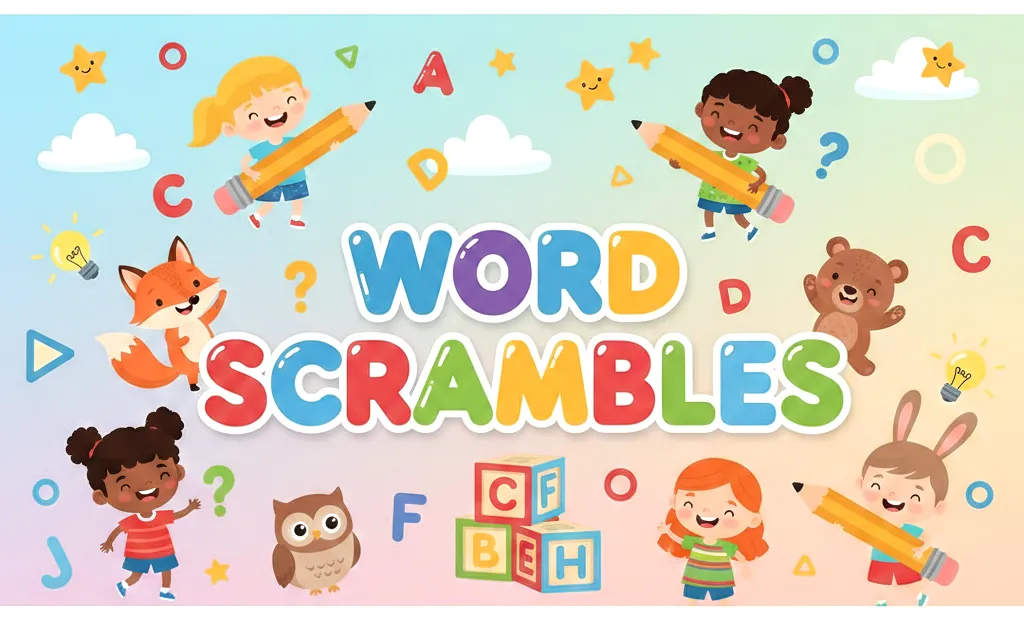 A bright, colorful cartoon-style illustration for a kids puzzle website. In the center, show BIG BOLD playful text reading “WORD SCRAMBLES” with chunky, rounded letters. Surround the text with smiling cartoon children, cute animals, pencils, letters, and scattered alphabet blocks. Floating scrambled letters like A, B, C, D appear around the scene, with question marks and lightbulbs to suggest thinking and learning. The background is soft pastel with clouds, stars, and simple shapes. Friendly, fun, educational vibe, flat vector illustration, clean lines, no realism, perfect for a children’s printable puzzle or coloring website feature image.