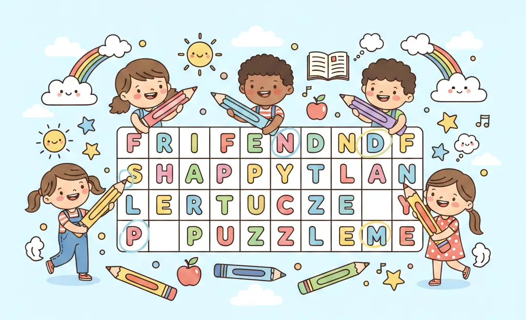 artoon-style illustration designed for kids, showing happy children solving a large word search puzzle together. The scene includes smiling cartoon kids holding pencils, circling words in a big word search grid filled with playful letters. Add fun elements like stars, clouds, crayons, and cute icons around the puzzle to create an educational and joyful atmosphere. Use bold outlines, simple shapes, and soft pastel colors suitable for children. Keep the background clean and light to make the puzzle stand out. The illustration should be friendly, engaging, and playful, perfect for a kids’ word search puzzles page.