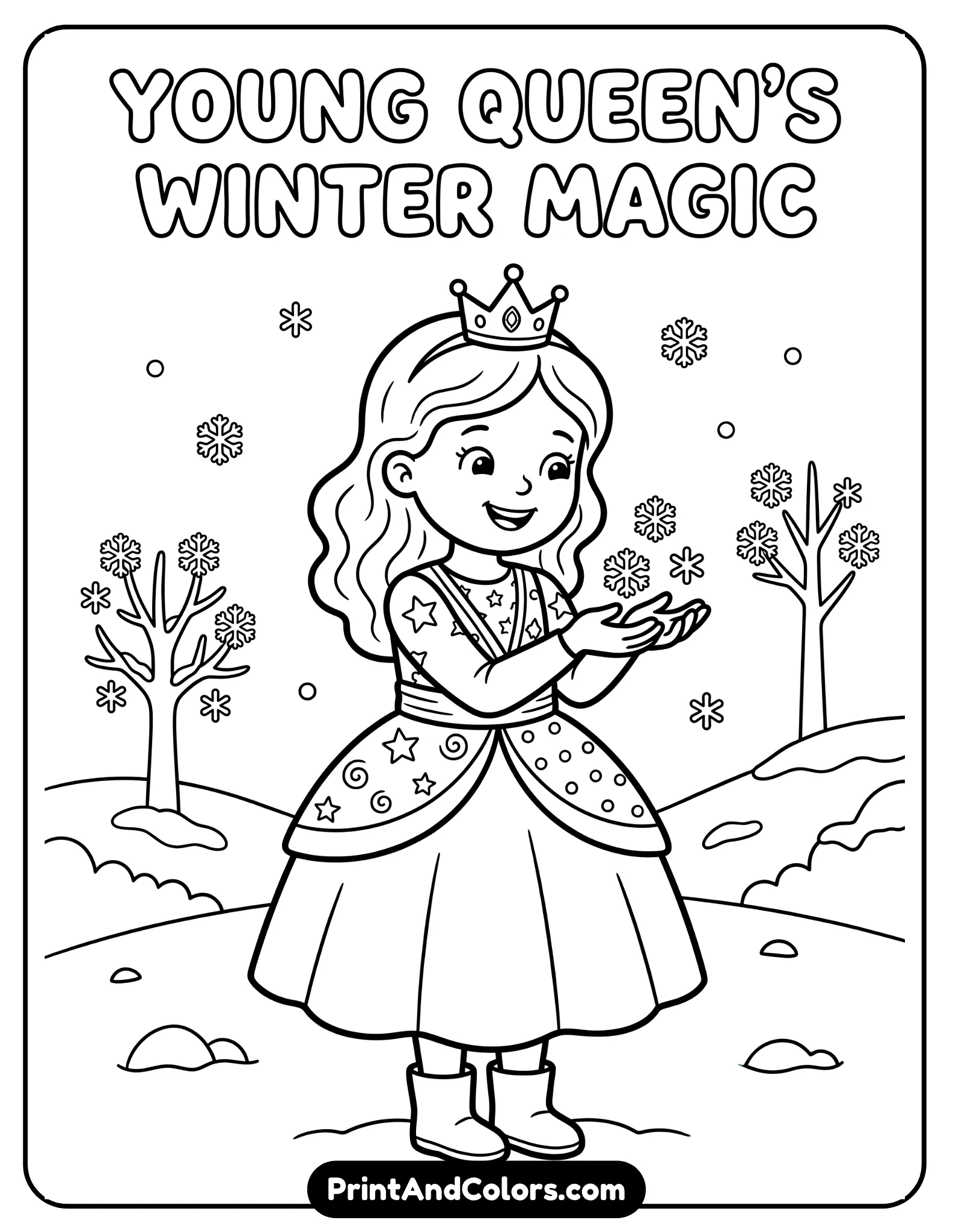 Simple black and white coloring page of young Elsa as a child, wearing a cute princess dress, smiling while holding tiny snowflakes in her hands, easy outlines and large spaces for coloring, minimal snowy background, printable coloring sheet for preschoolers and young kids