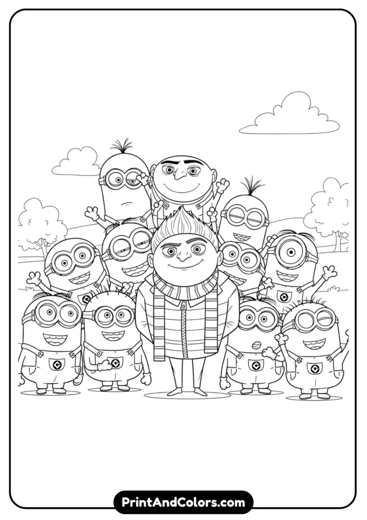 Young Gru standing with Minions around him, cartoon black-and-white line art, suitable for coloring.
