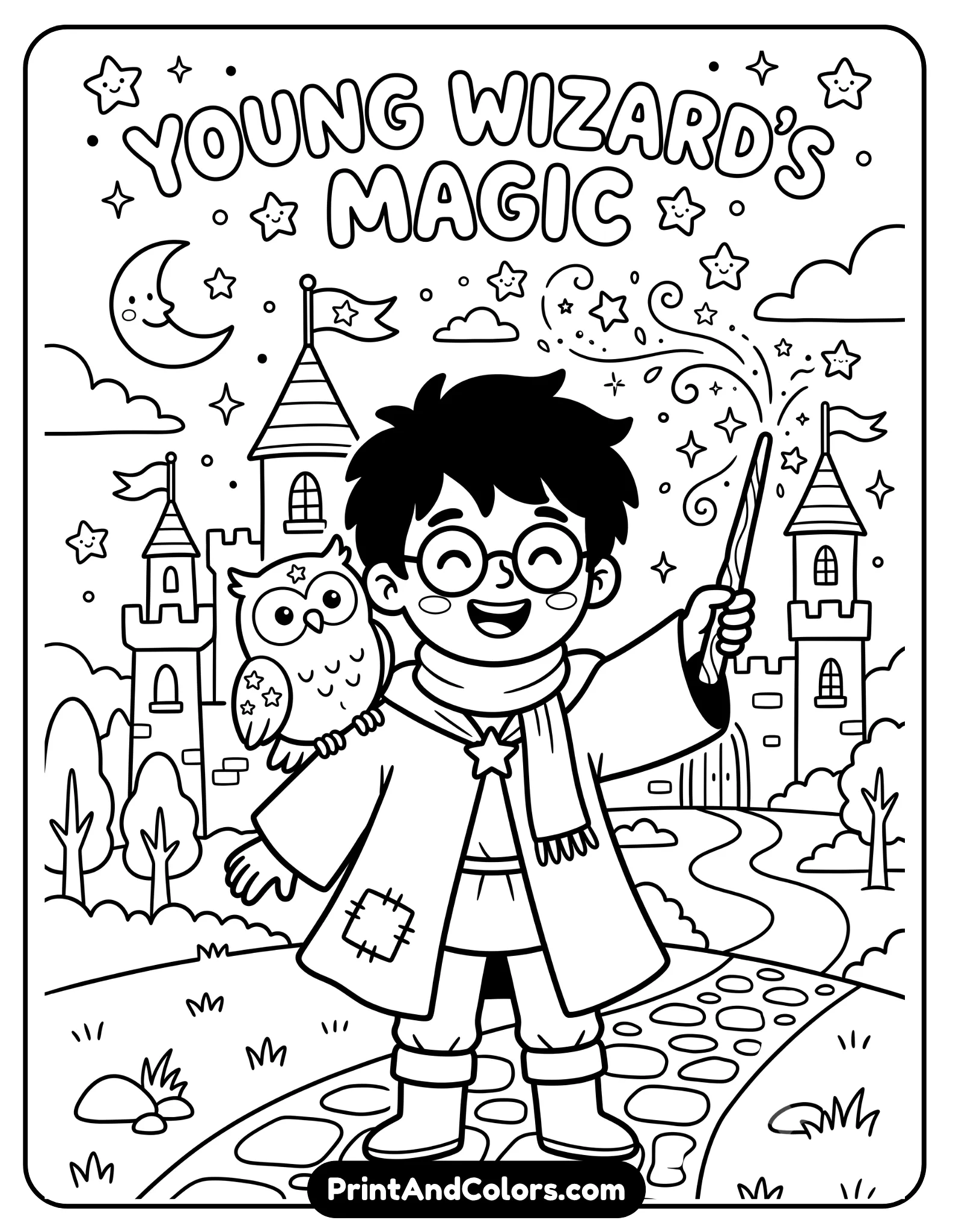 Cute black and white coloring page of a young wizard boy with messy hair and round glasses holding a wand with a cheerful smile. Include stars, owl companion, simple castle background, and magical sparkles. Bold kid-friendly outlines with minimal intricate details, printable coloring sheet style