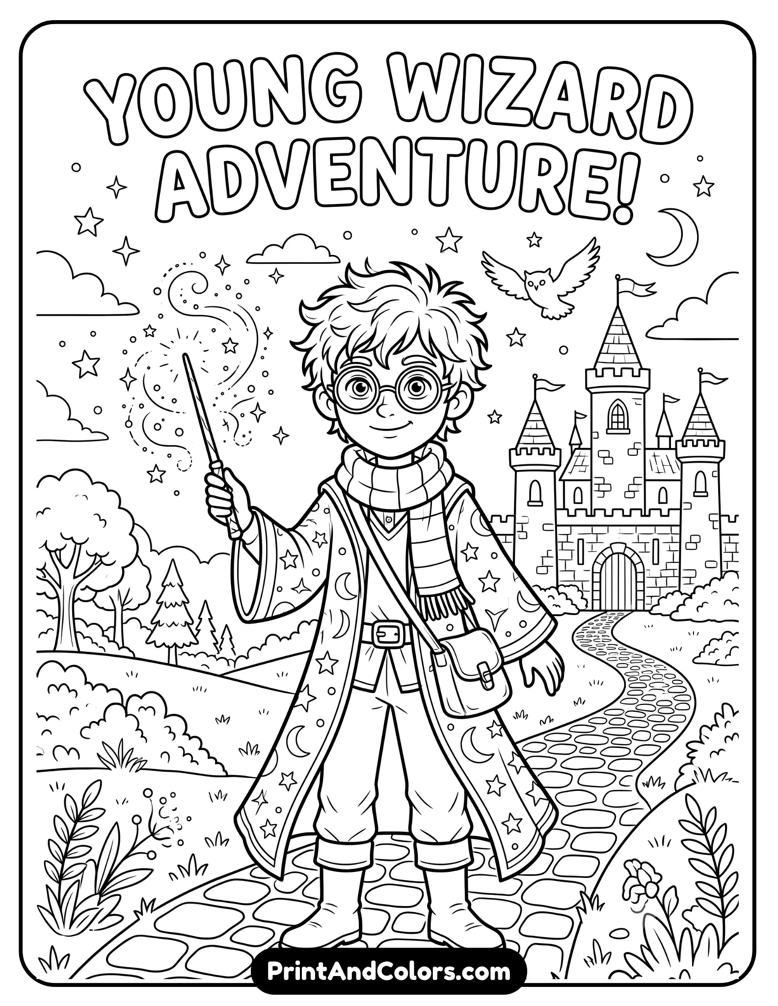 Black and white printable coloring page of a young wizard with messy hair, round glasses, and a wand standing confidently with magical sparkles around him. Include stars, owl silhouette, scarf, and simple castle background. Clean detailed outlines and fantasy coloring book style