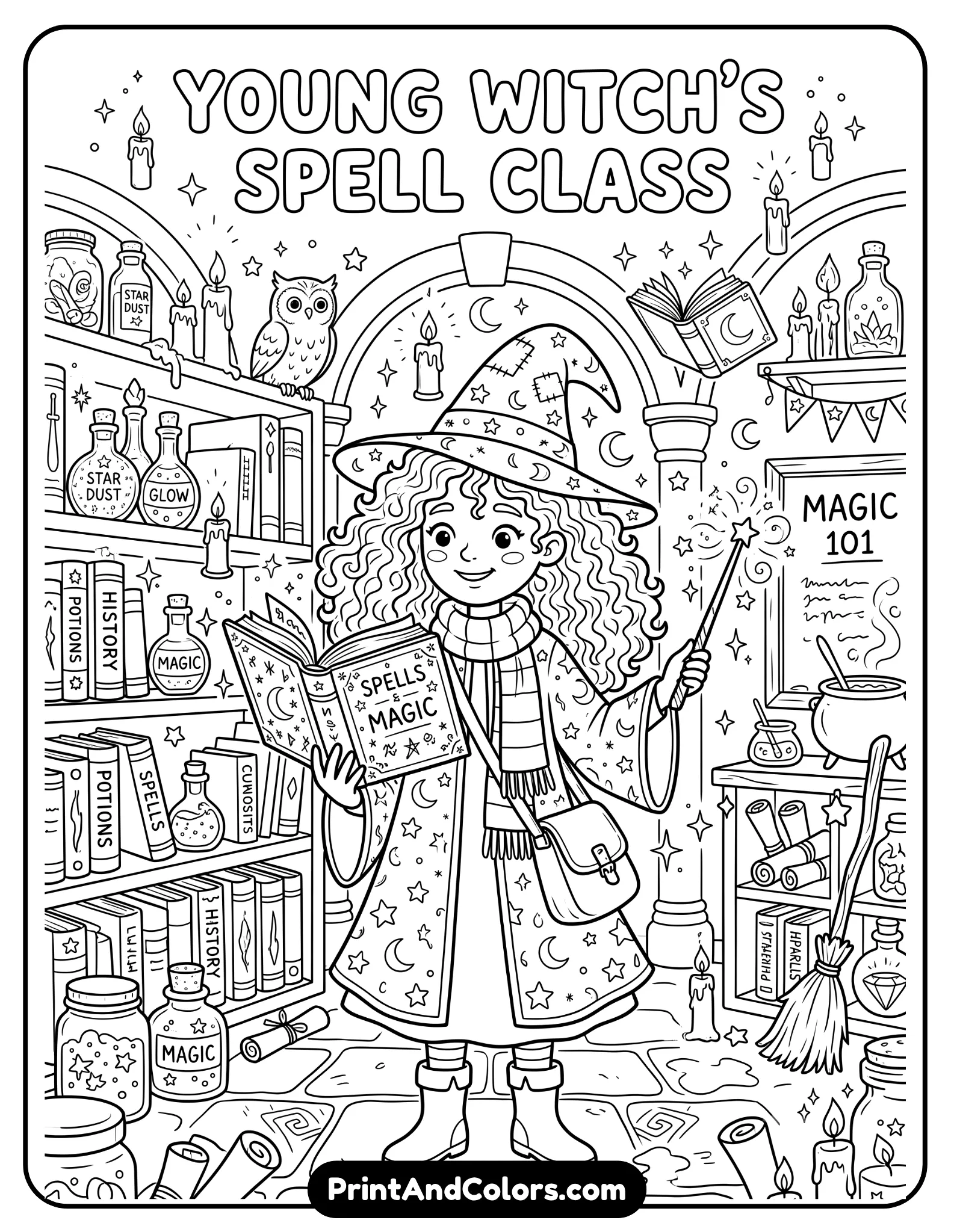 Black and white coloring page of a young witch with curly hair holding an open spell book and wand. Include library shelves, potion bottles, floating candles, stars, and magical classroom details. Detailed but kid-friendly fantasy line art with clean printable outlines
