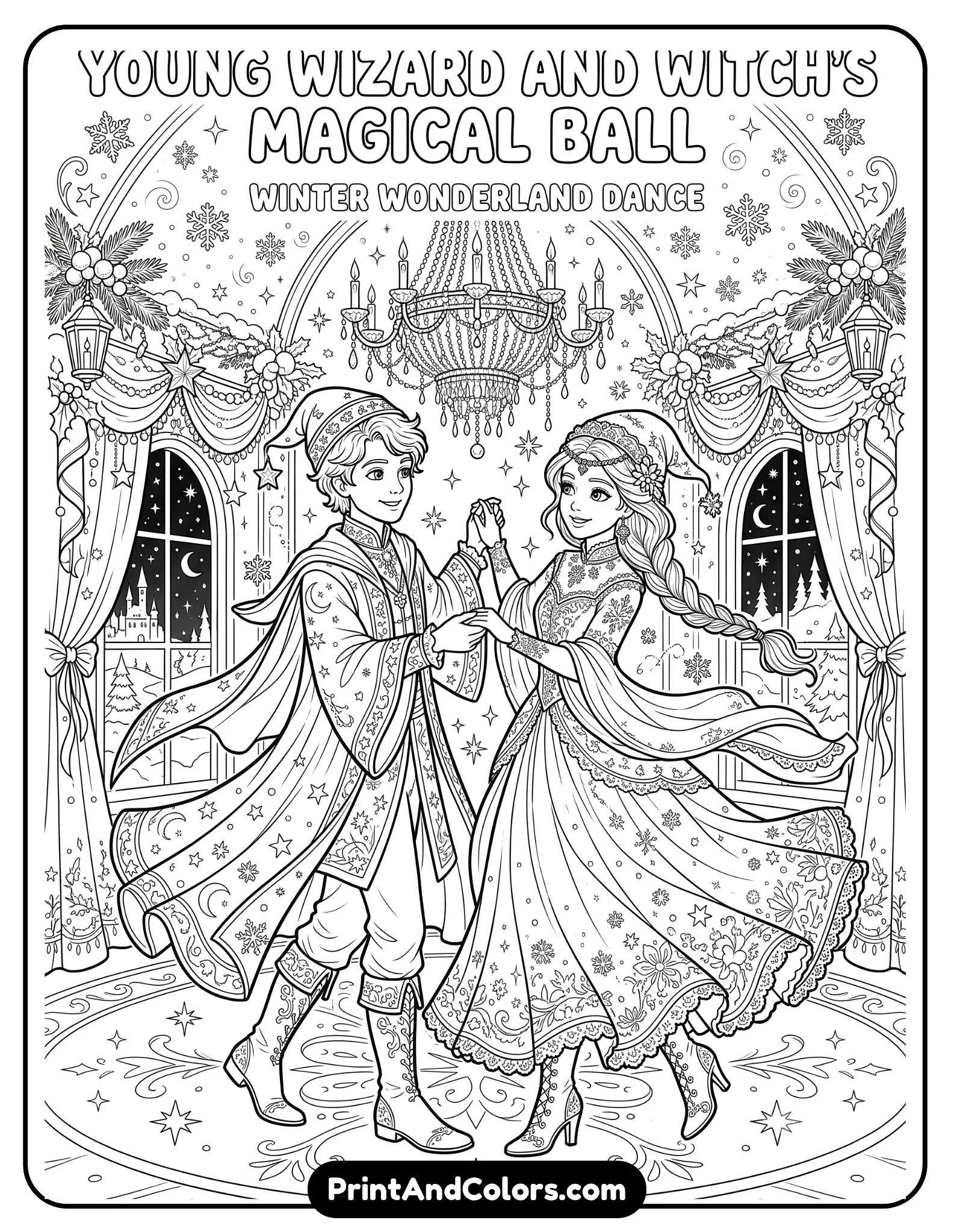 Elegant black and white fantasy coloring page of a young wizard and witch dressed in formal magical robes dancing in a grand ballroom. Include chandeliers, snowflakes, stars, decorative curtains, and magical winter decorations. Intricate printable line art with flowing fabric details