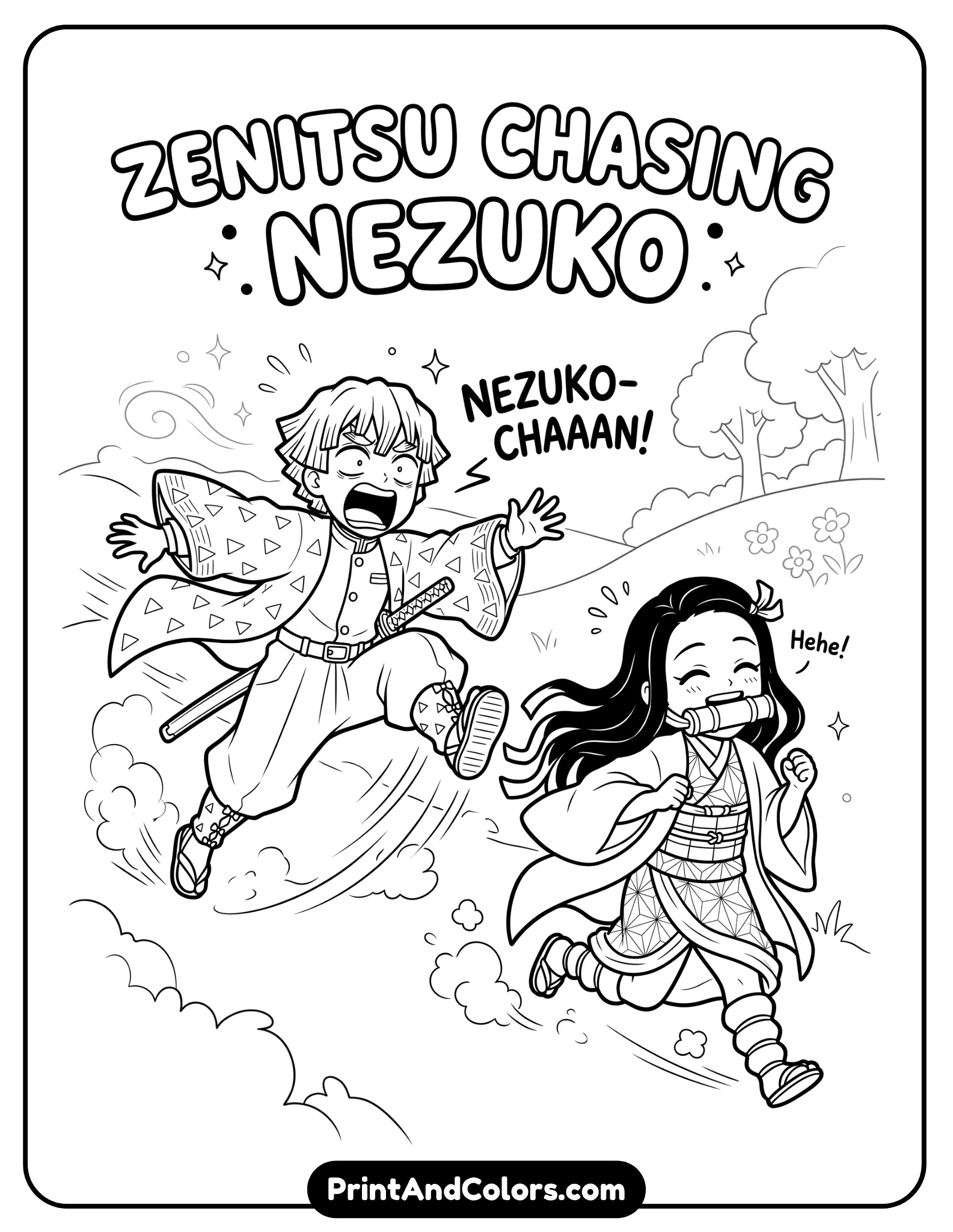 Playful scene of Zenitsu chasing Nezuko, exaggerated movement, light motion lines, fun composition, clean outlinesPlayful scene of Zenitsu chasing Nezuko, exaggerated movement, light motion lines, fun composition, clean outlines