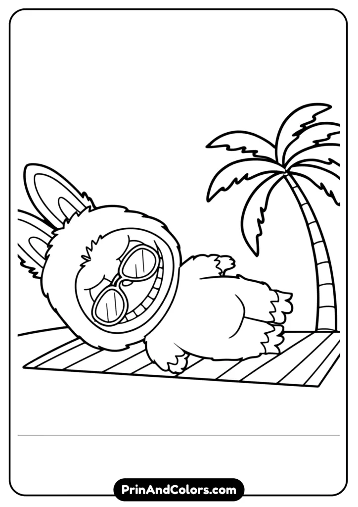 Line art of Zimomo (Labubu’s friend) relaxing on a beach chair with sun and waves behind.