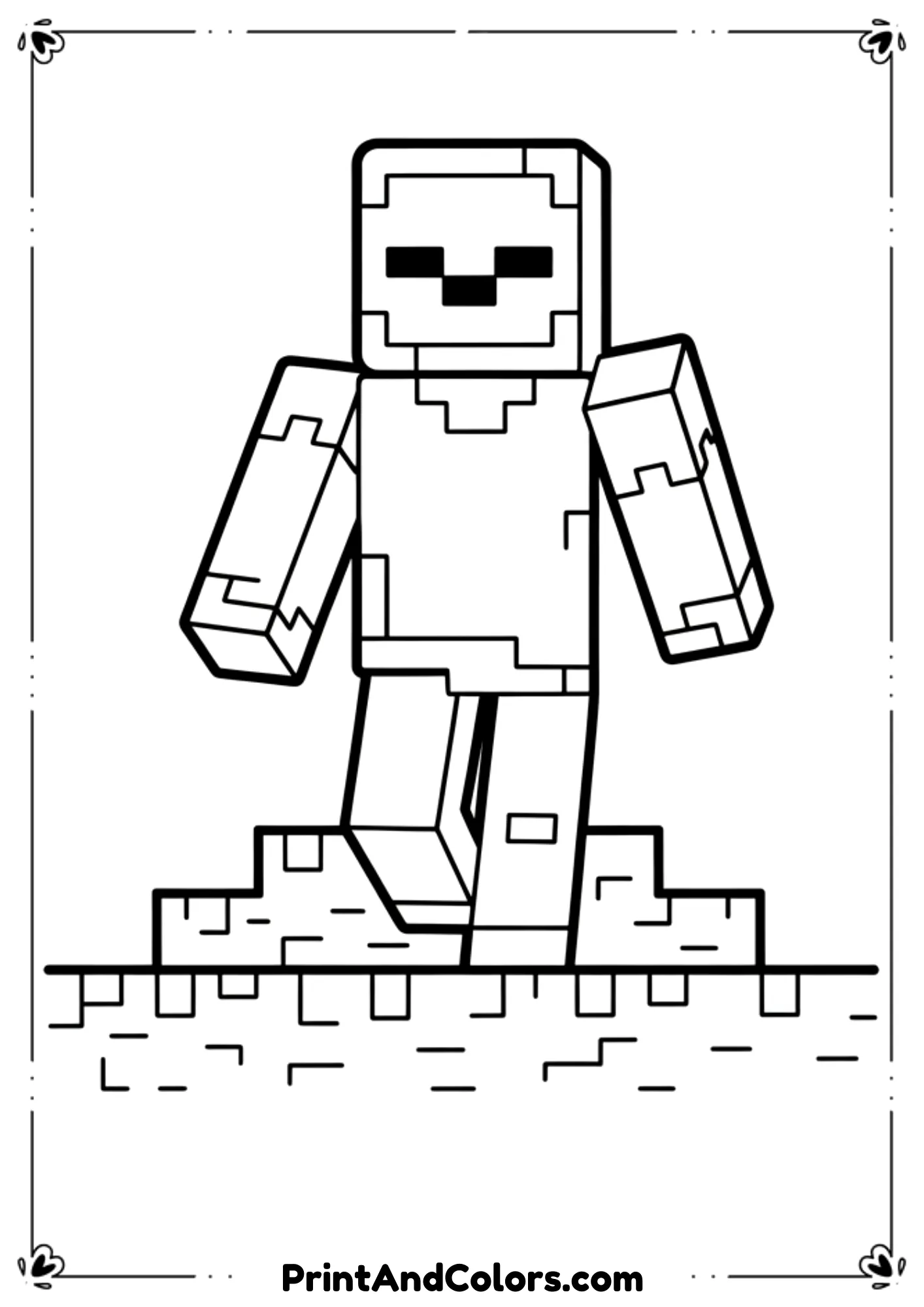  Black and white line drawing of a Minecraft zombie standing or walking forward, simple block terrain, bold clean outlines, no shading, printable coloring sheet for kids.
