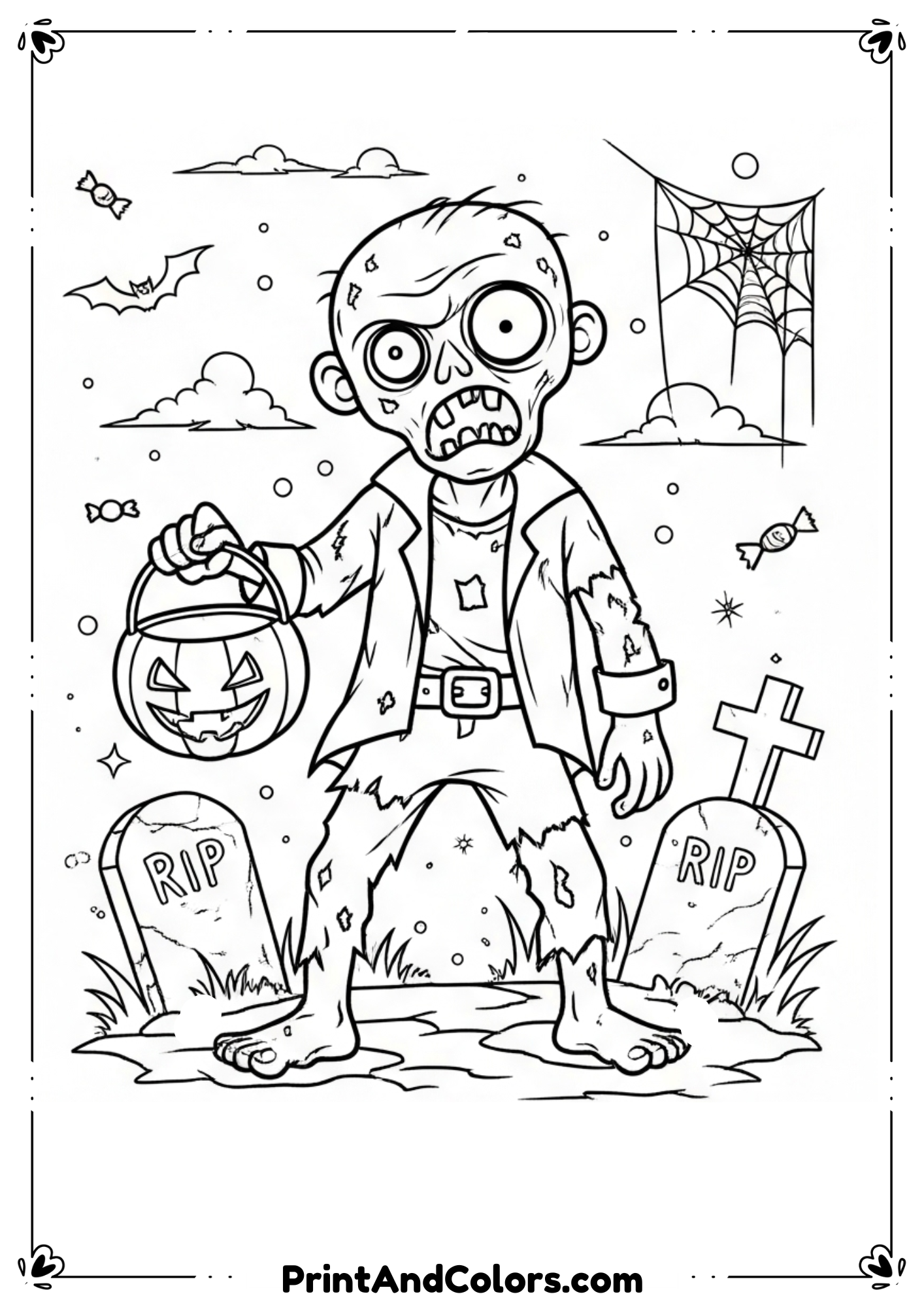 Creepy zombie rising from the ground with tombstones and bats in black-and-white horror art.