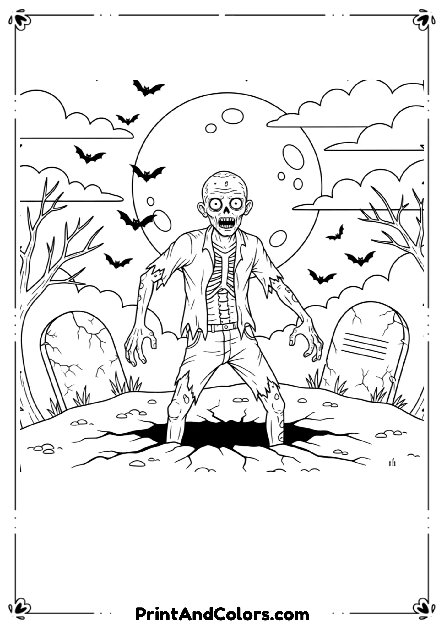 Creepy zombie rising from the ground with tombstones and bats in black-and-white horror art.
