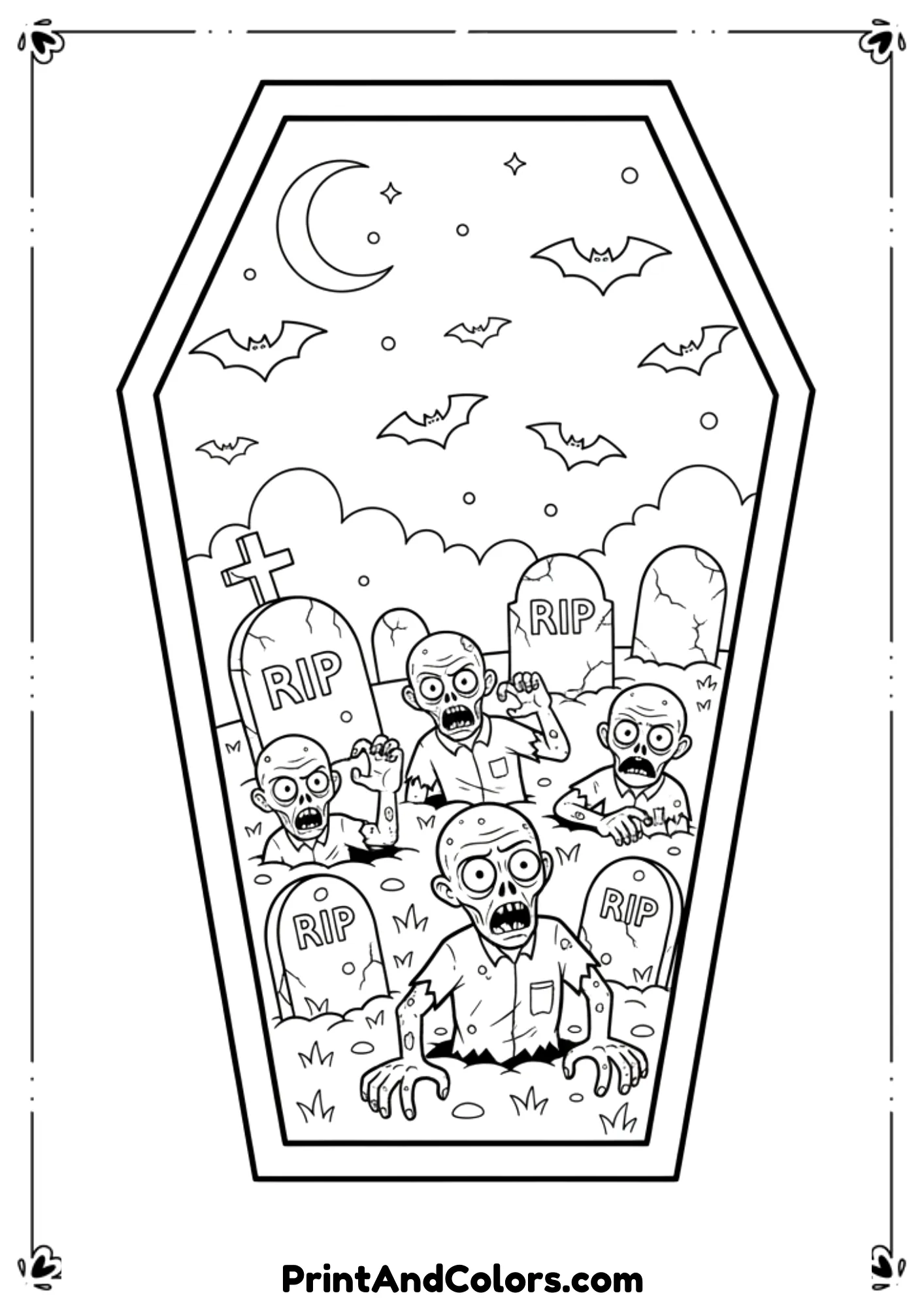 Creepy zombies climbing out of graves with tombstones and bats flying overhead, outlined in black-and-white.