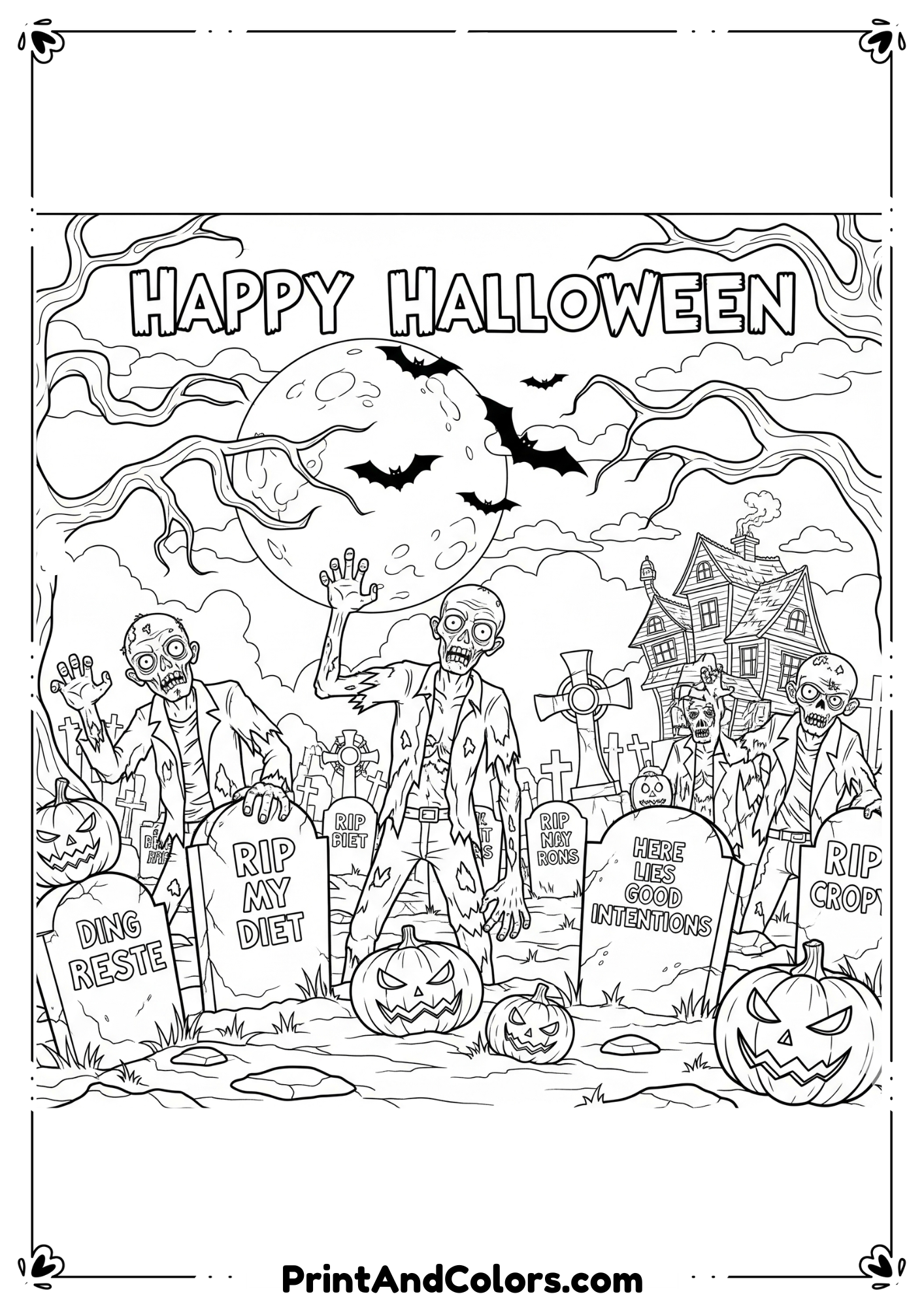 Creepy zombies climbing out of graves with tombstones and bats flying overhead, outlined in black-and-white.