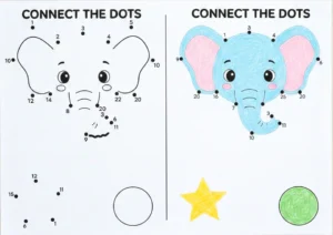 Connect the dots printable worksheet showing numbered dots forming a cute animal with partially colored illustration.
