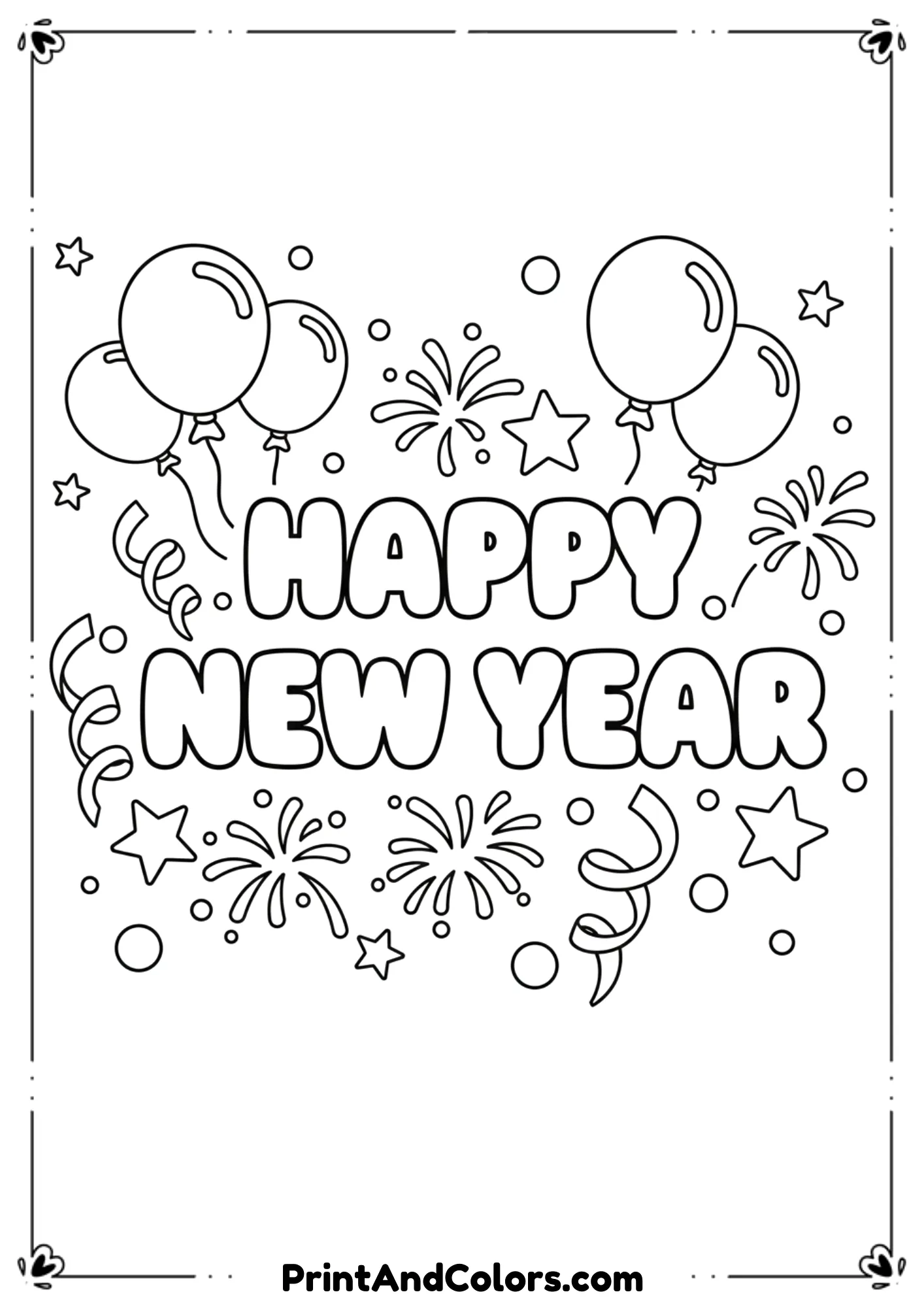  Very simple black and white line art featuring basic New Year symbols such as balloons, stars, fireworks, and “Happy New Year” text. Extra thick outlines, large open spaces, perfect for toddlers and beginners.
