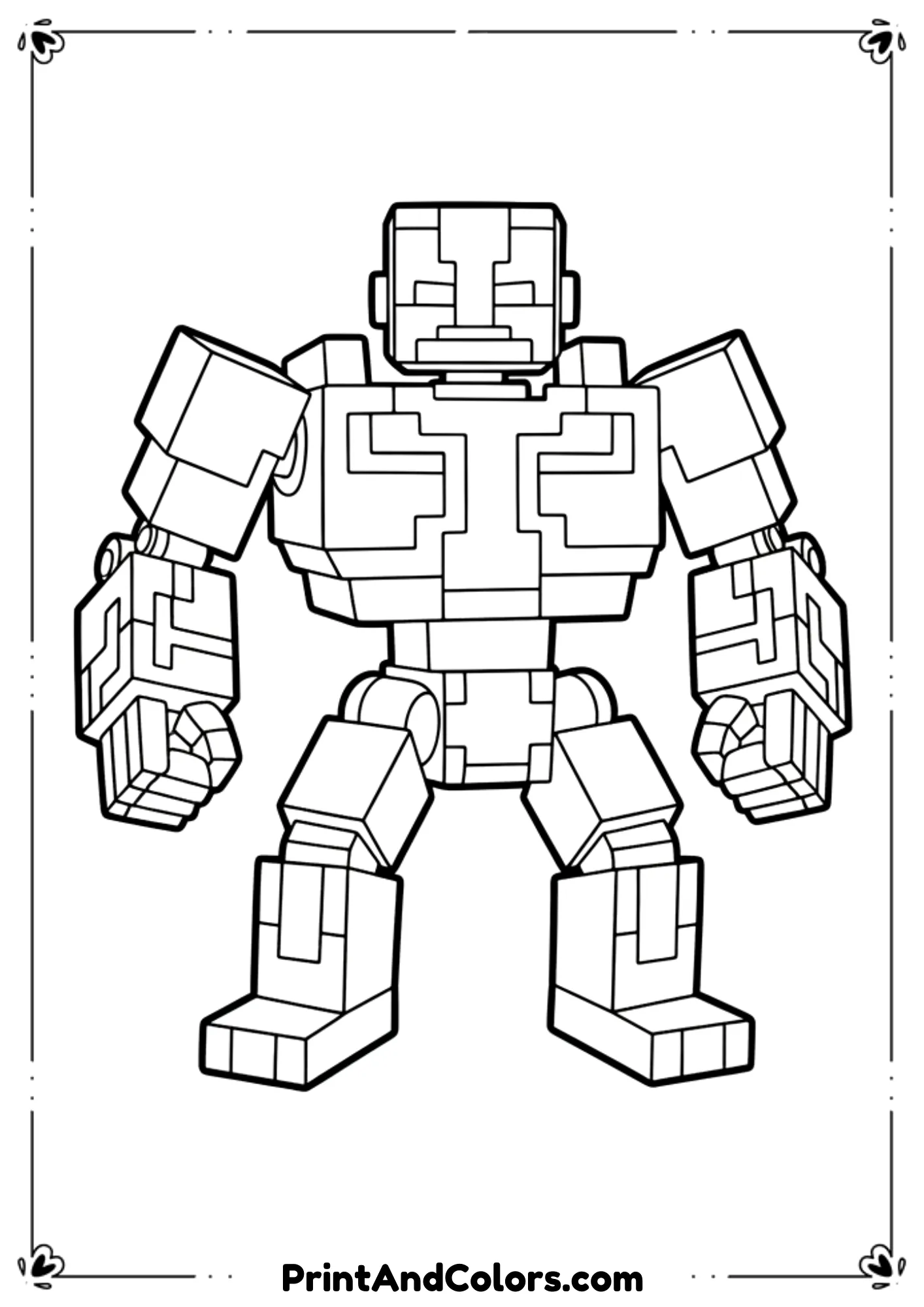  Black and white line illustration of a Minecraft redstone golem with mechanical block features, glowing parts outlined only, bold outlines, no shading, printable coloring page.
