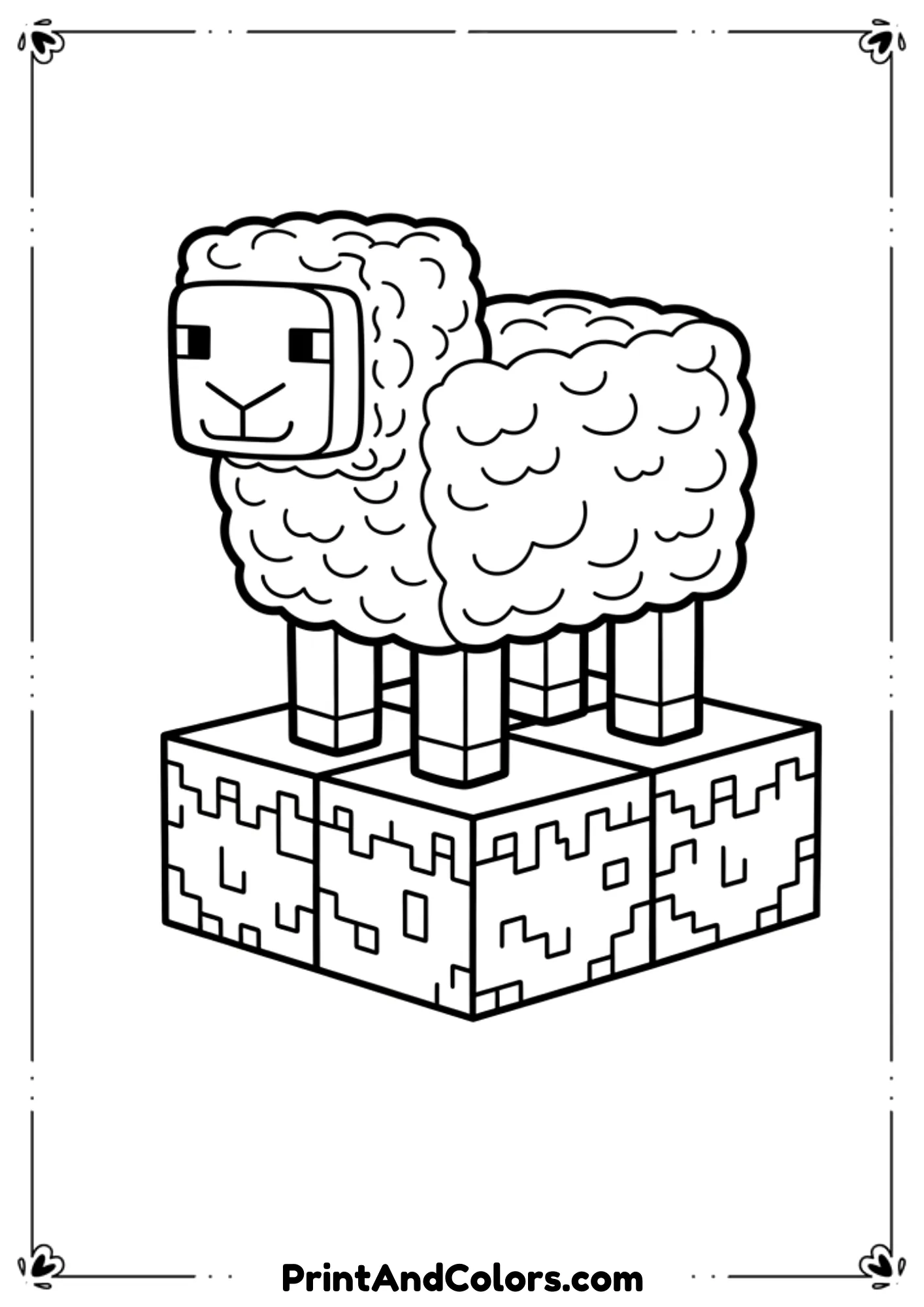  Black and white line illustration of a Minecraft sheep standing on grass blocks, fluffy block body, friendly pose, bold outlines, no shading, printable coloring page.
 Black and white line illustration of a Minecraft sheep standing on grass blocks, fluffy block body, friendly pose, bold outlines, no shading, printable coloring page.
