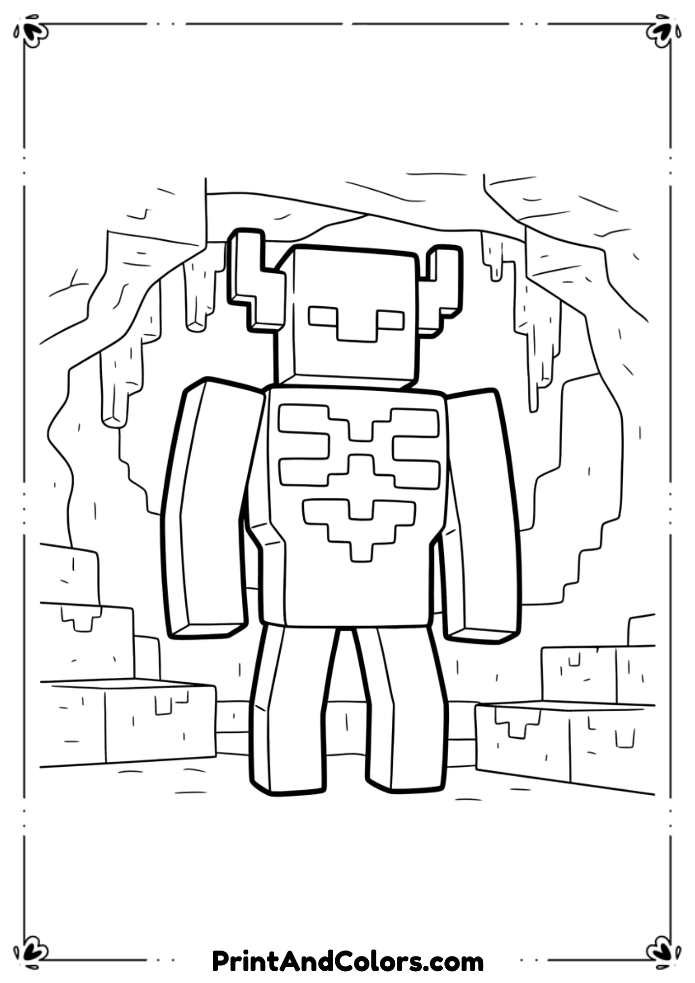  Black and white line art of the Minecraft Warden in a dark cave setting outlined simply, glowing chest area outlined only, bold clean lines, no shading, printable coloring page.

