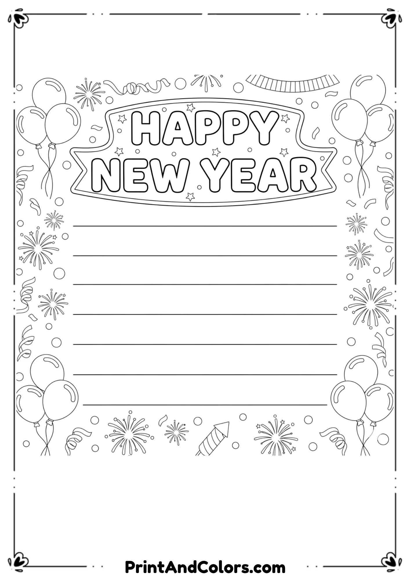 Black and white coloring page designed for both coloring and writing, with a “Happy New Year” header and blank space or lines for kids to write their wishes. Decorate with stars, balloons, and confetti. Clean outlines, printable worksheet style.
