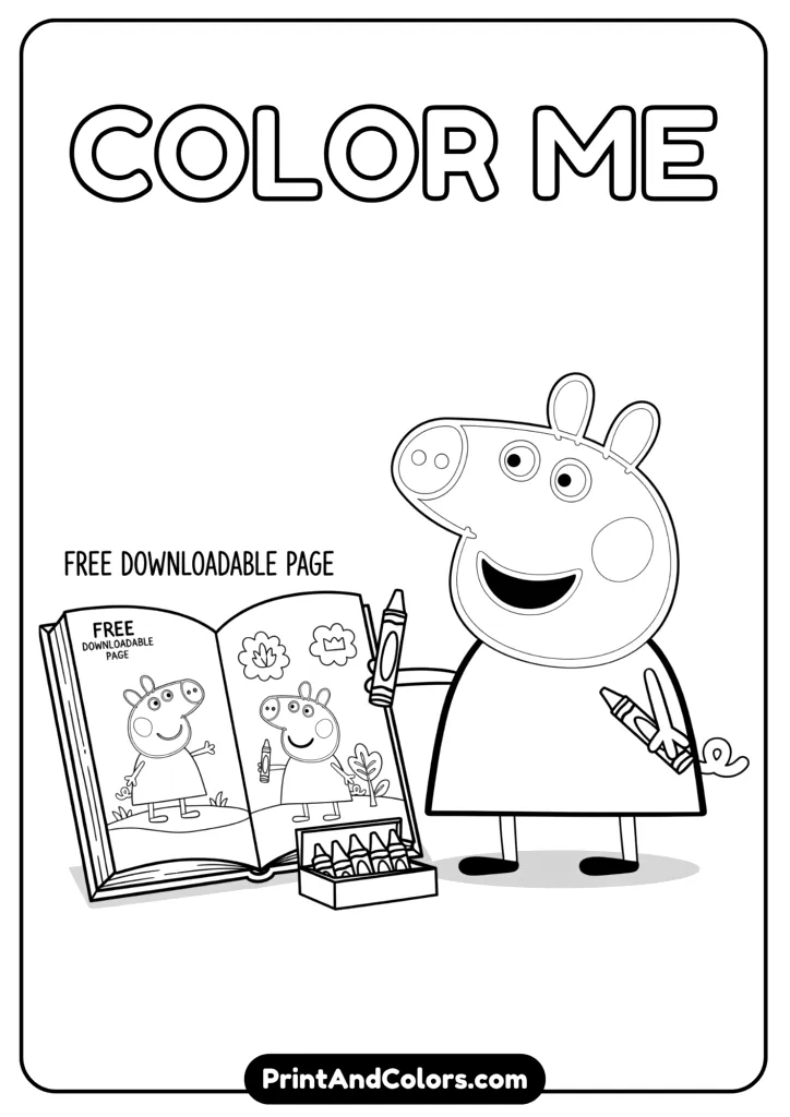 Peppa Pig standing beside a printable PDF icon with crayons and a big smile, promoting a downloadable page. Simple black and white outlines.