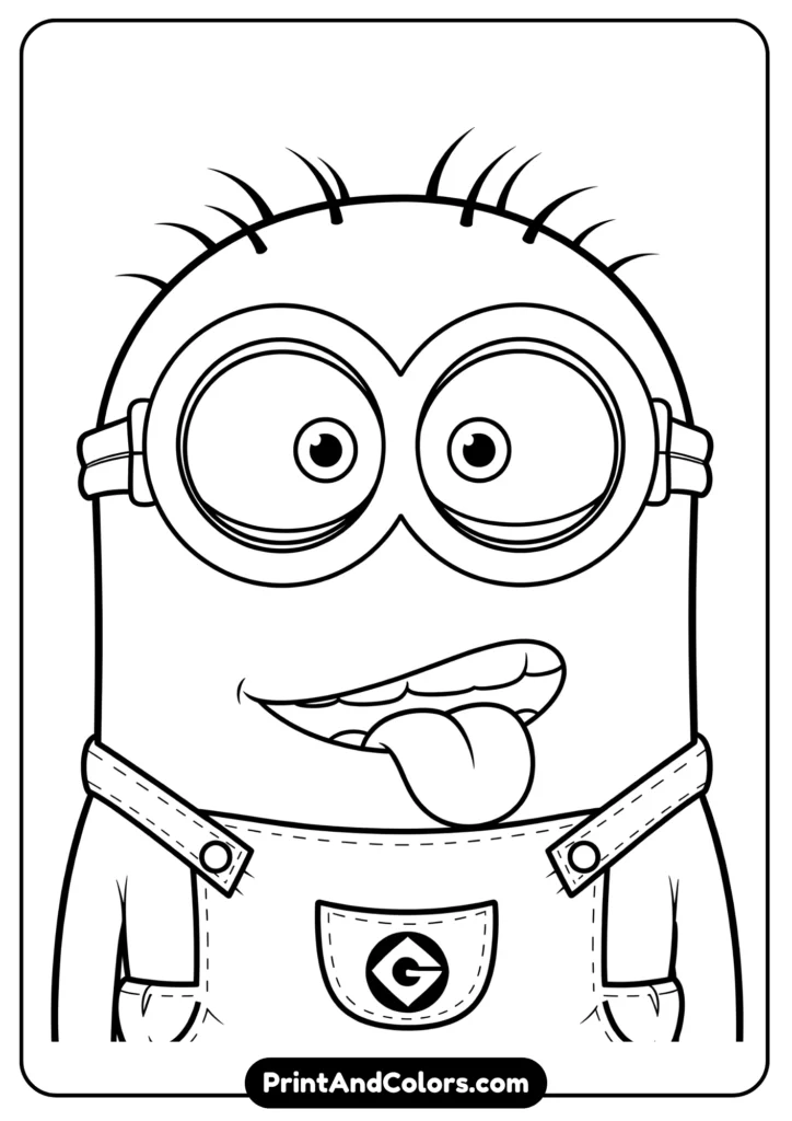 Minion making a silly face with crossed eyes and tongue out, cartoon black-and-white art