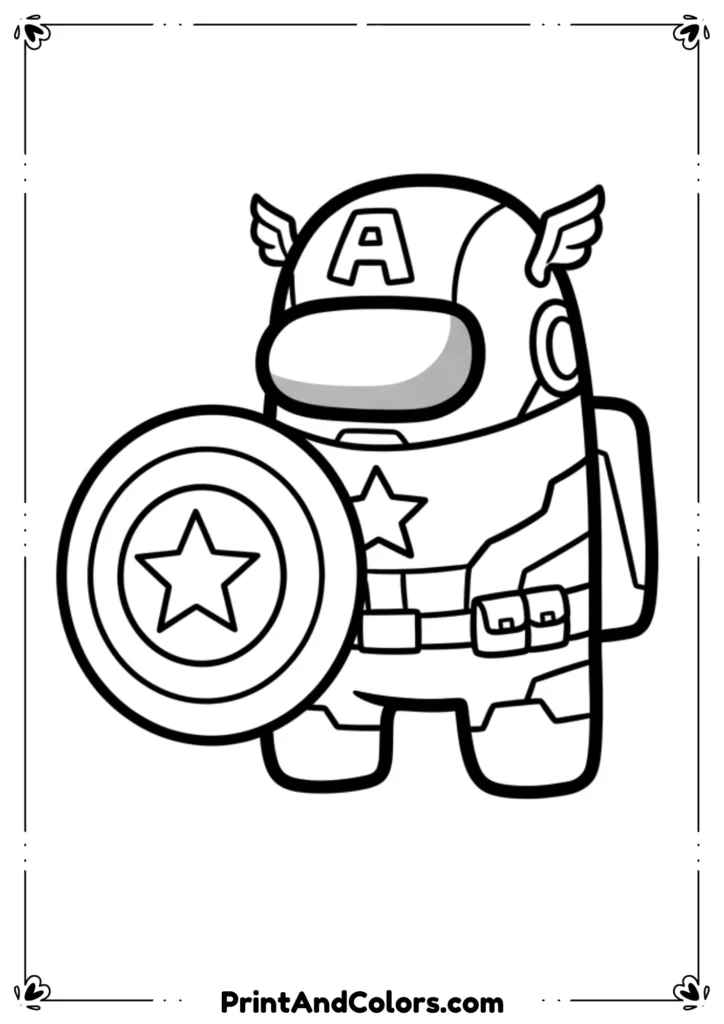 Black and white Among Us crewmate dressed as Captain America with shield, clean cartoon outlines for coloring.