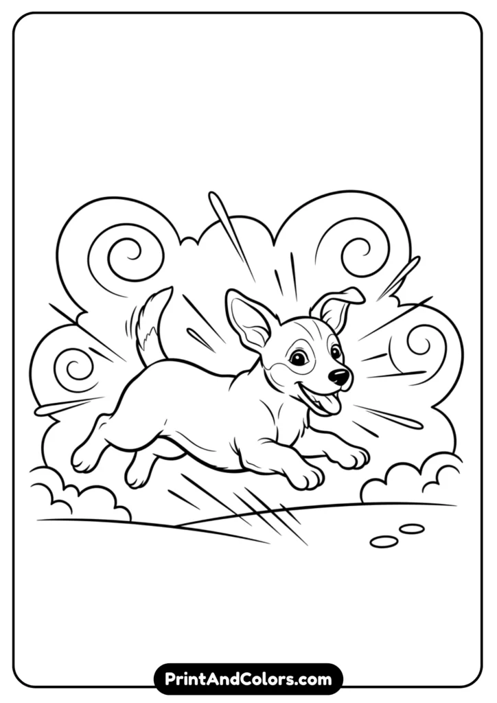Black and white line art of an energetic Jack Russell puppy jumping mid-air. Clear outlines for coloring page.