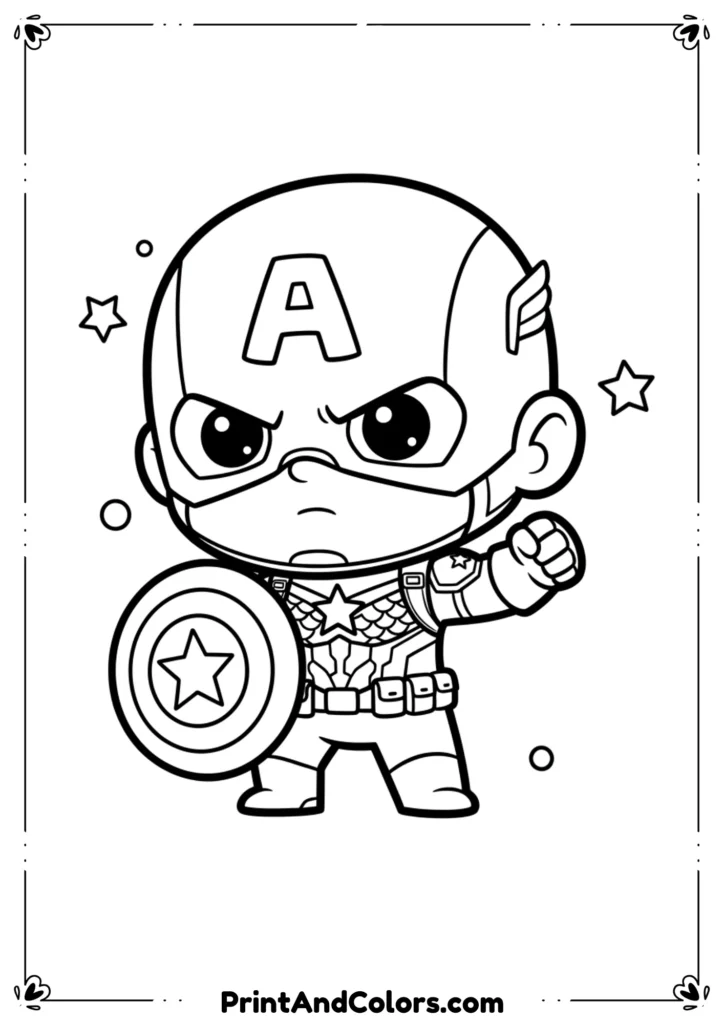 Black and white line drawing of Captain America in Age of Ultron suit holding shield.
