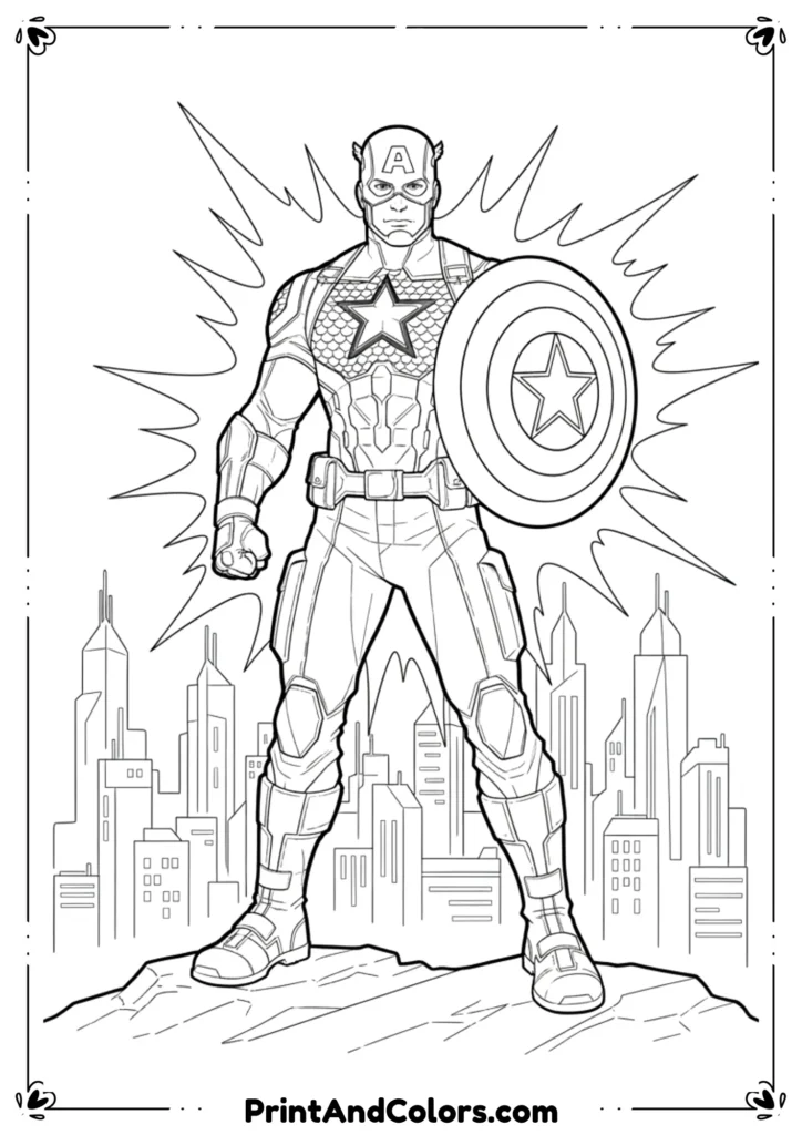 Line art of Captain America in Avengers costume, standing with confidence, shield in front, designed in clean comic book outlines for coloring.