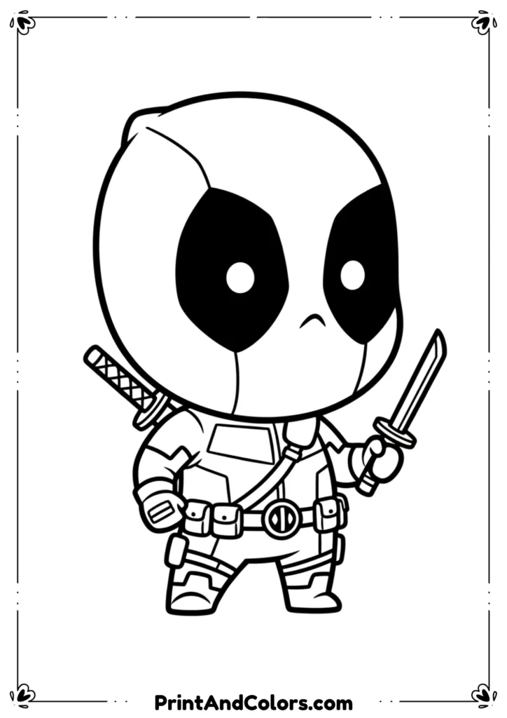 Black-and-white line art of baby Deadpool crawling with mini mask, oversized head and pacifier, adorable comic-style outline.