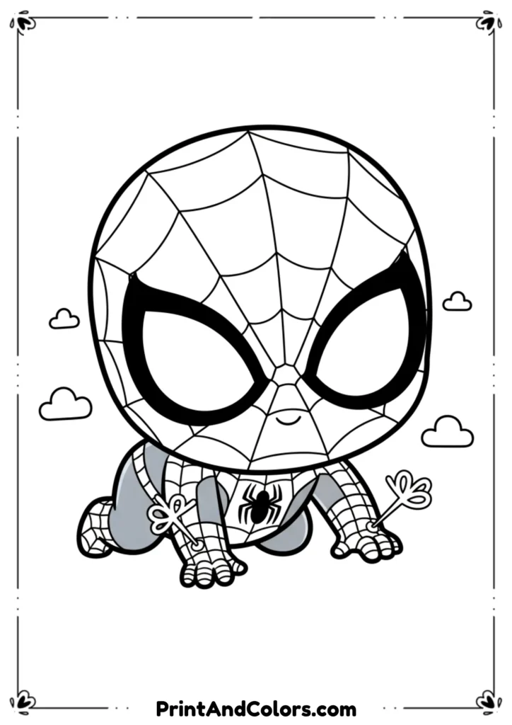 Adorable baby Spider-Man crawling with small webs, cute rounded outlines.