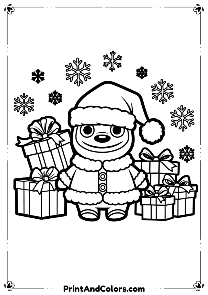 Line art of Labubu character in Christmas attire with presents and snowflakes.