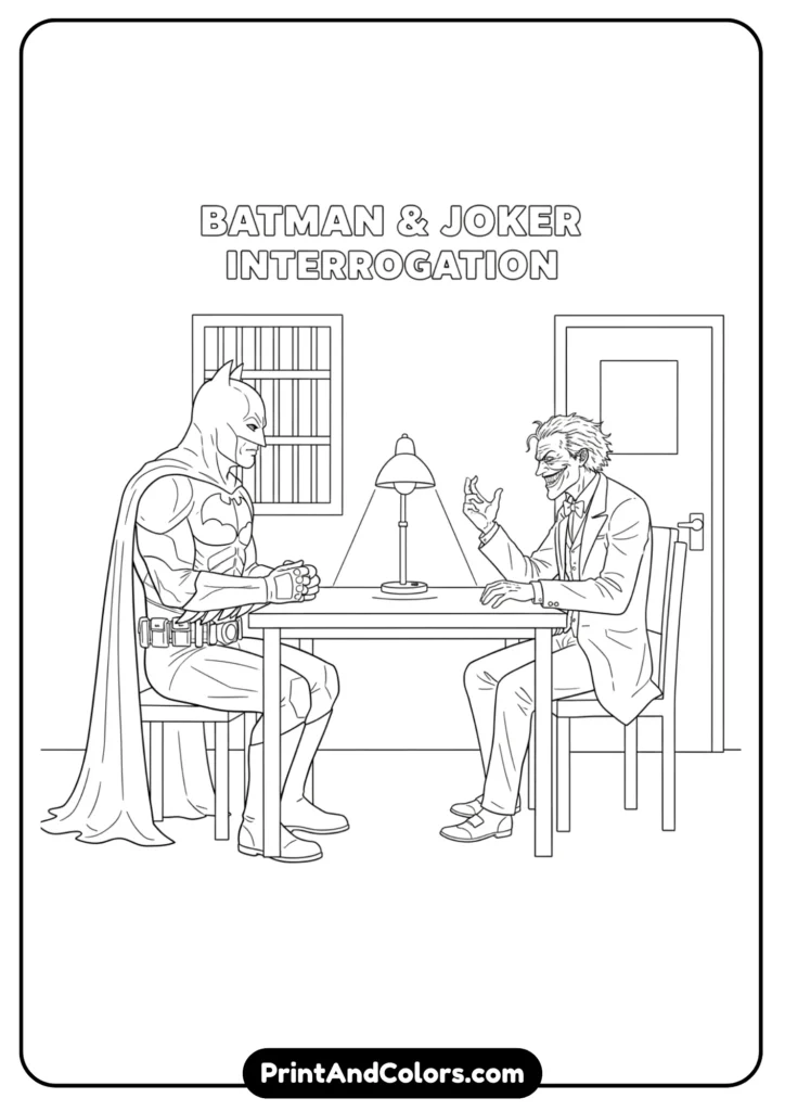 Black and white outline of Batman sitting across from Joker at an interrogation table