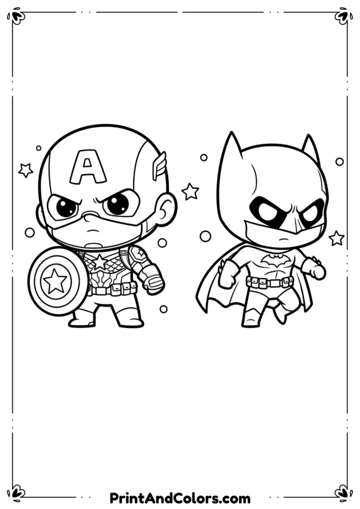 Crossover line art of Captain America standing next to Batman, both in superhero poses.