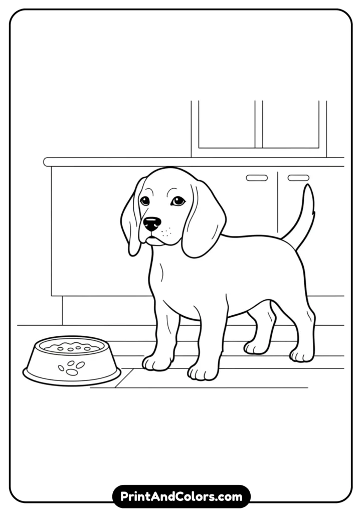 Outline of a Beagle puppy standing on a kitchen floor with simple background details like a food bowl. Clean black and white lines for coloring.
