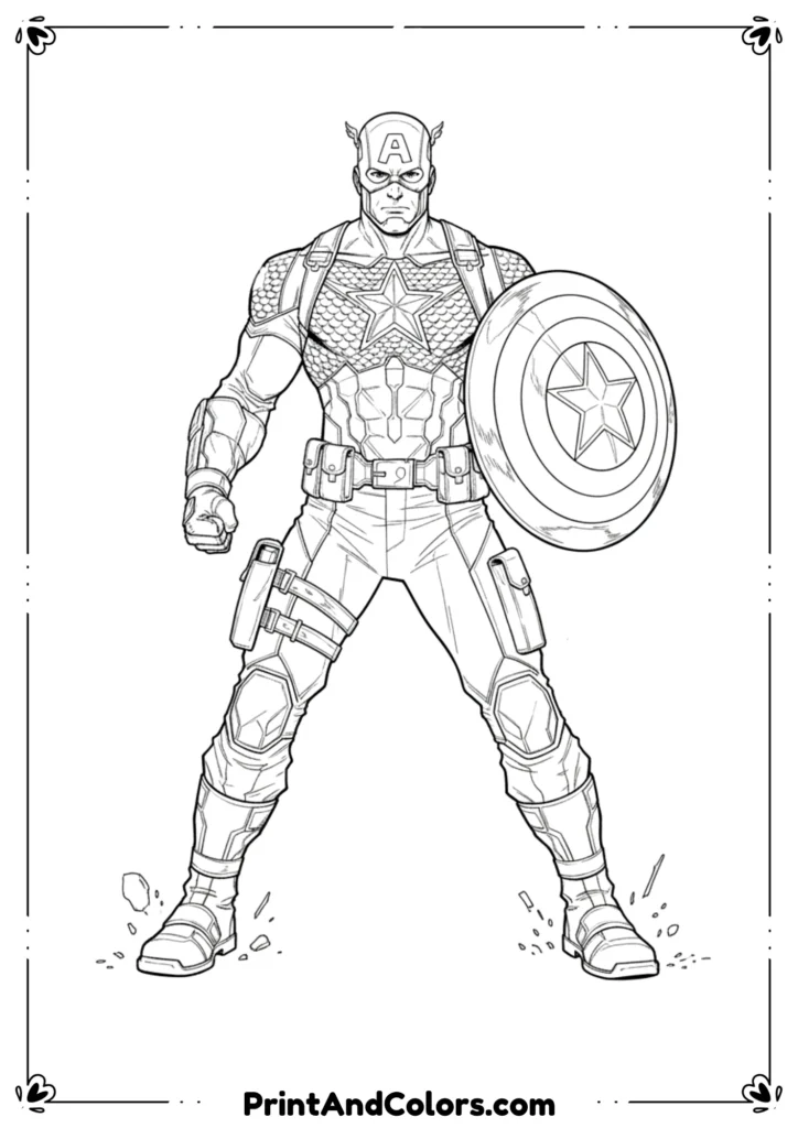 Detailed comic-style black and white line art of Captain America in heroic stance, high-quality outlines.