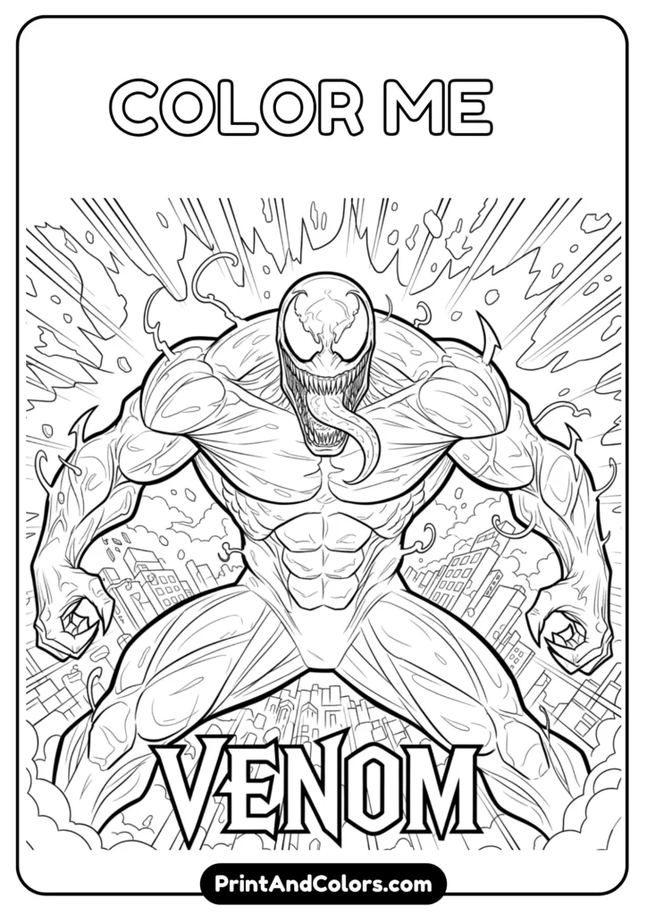 Venom in a dramatic full-black symbiote design, with sharp contrasts and bold thick outlines for coloring