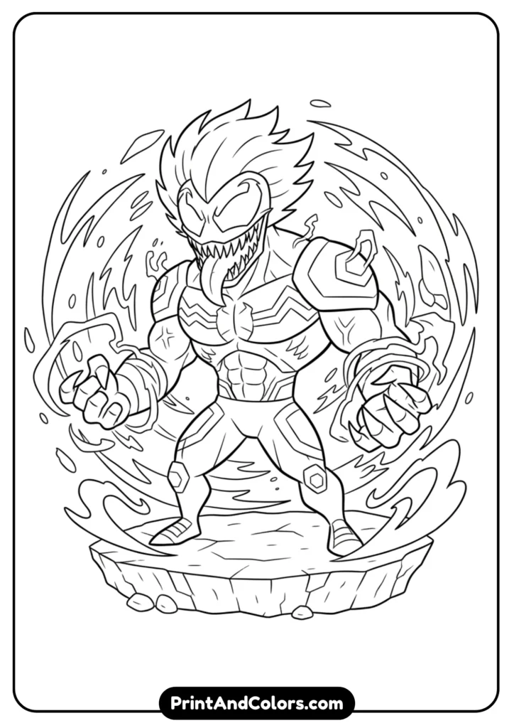 Cartoon-style Venom character inspired by Blox Fruits game, standing in battle stance with energy effects