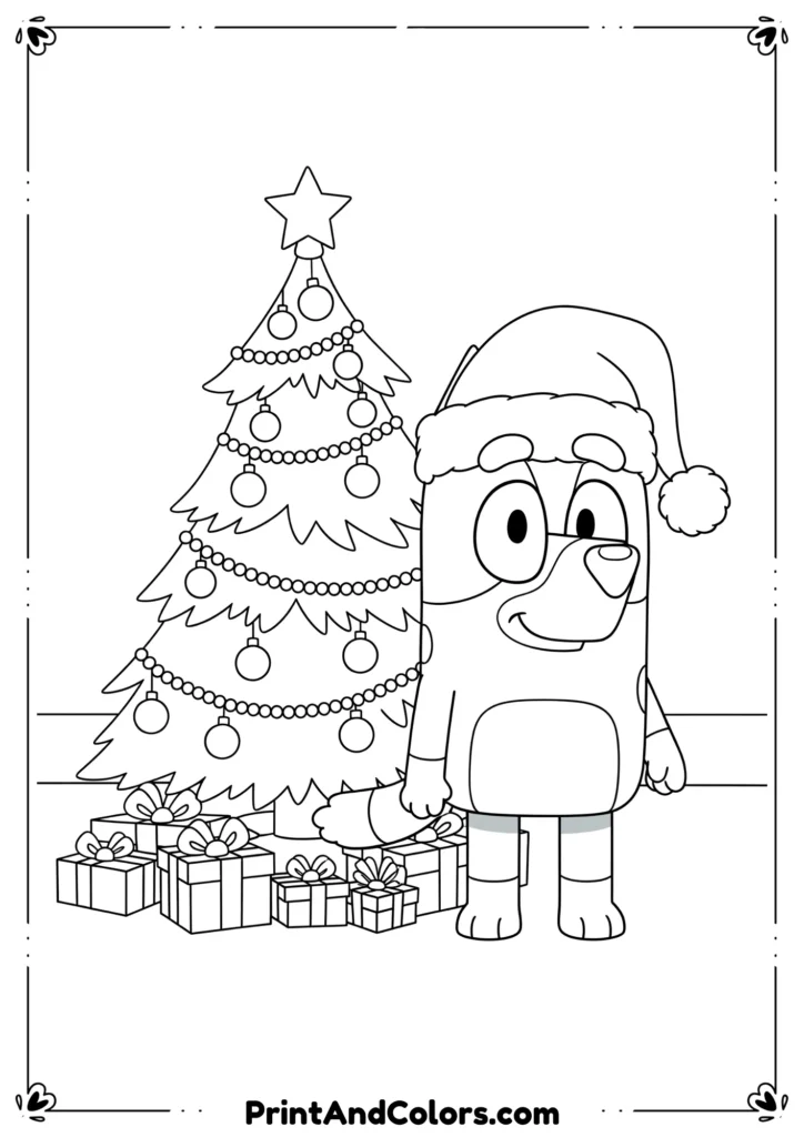 Line art of Bluey wearing a Santa hat with a Christmas tree and presents.