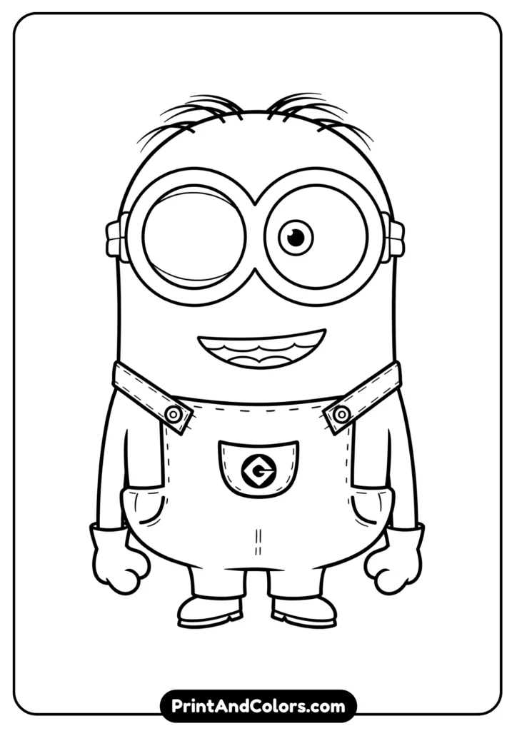 Simple outline drawing of Minion Bob standing with a smile, cartoon black-and-white art