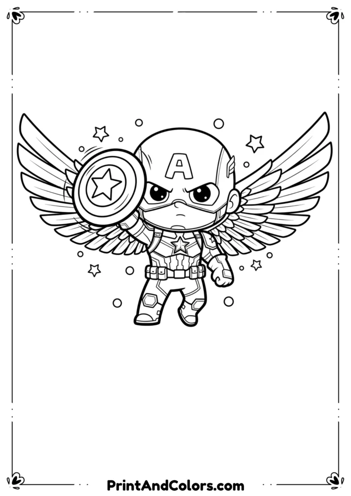 Line art of Captain America from movie Captain America 4 Brave New World, shield raised.