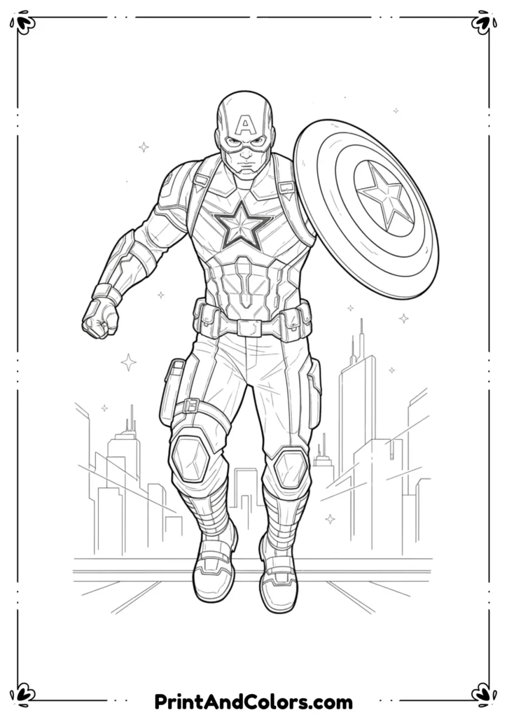 Line art of Captain America from Brave New World, detailed new suit design with shield.