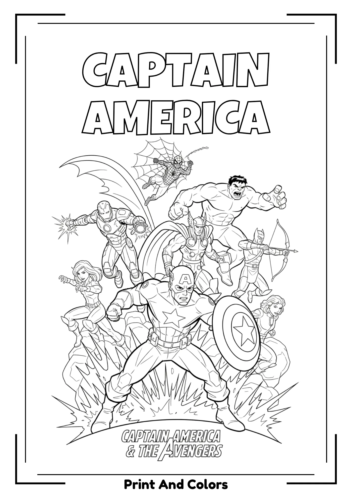 Captain America coloring page in black and white line art with hero holding shield.