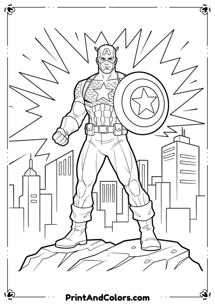 Black and white line art of Captain America standing in a heroic pose, holding his shield proudly, detailed comic-style outlines for kids and adults to color.