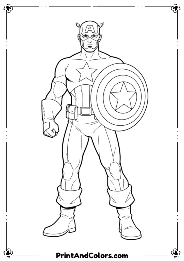 Printable line art of Captain America holding shield, designed for easy PDF coloring format.