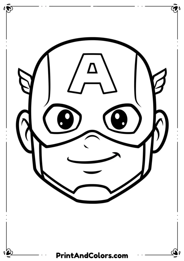 Black and white line drawing close-up of Captain America’s masked face, detailed comic outlines, bold lines for easy coloring.